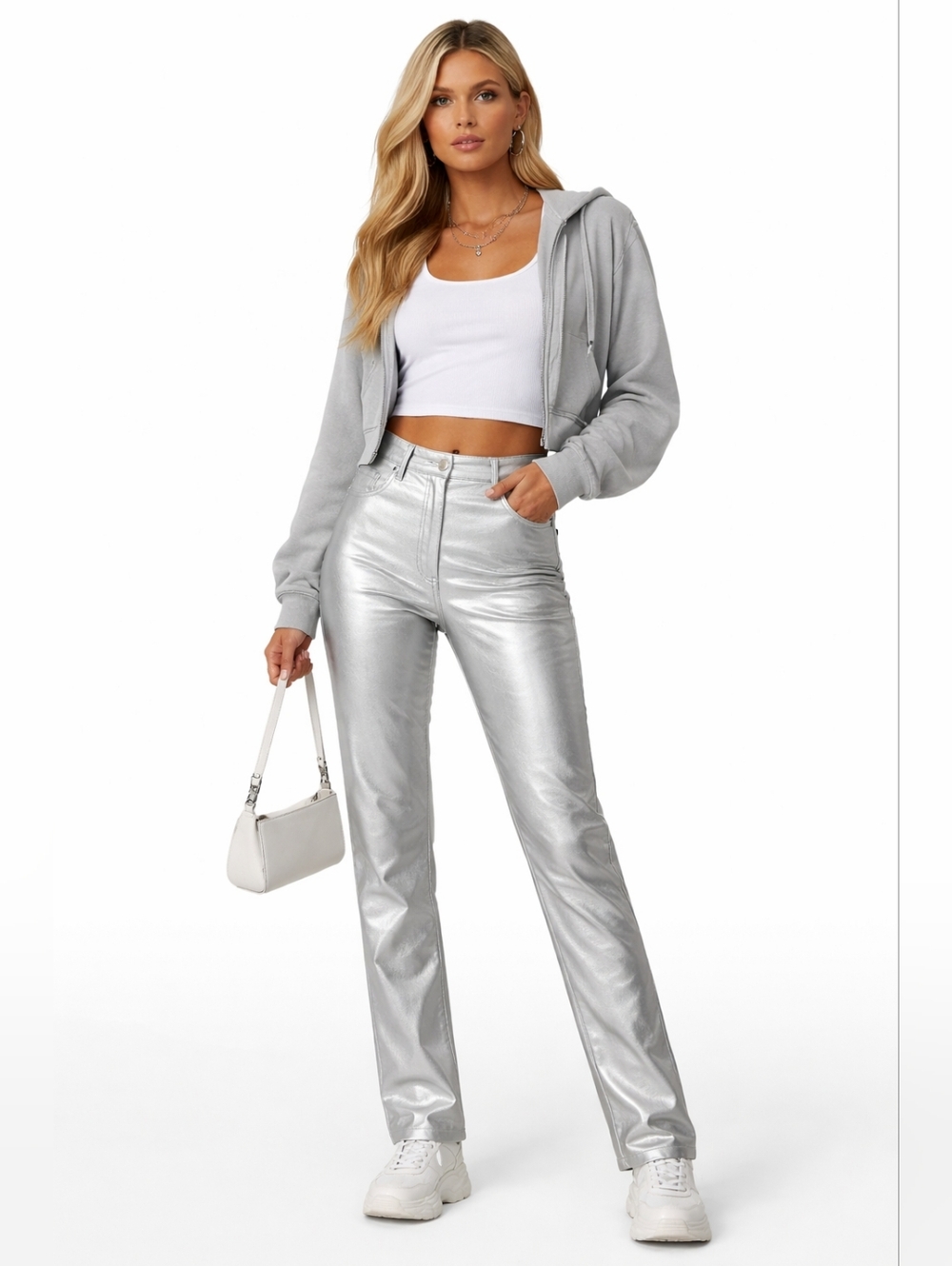 House of Harlow 1960 Silver Faux Leather Pants Size 2 Metallic Straight Leg